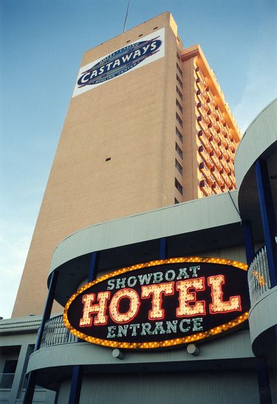 The renamed Castaways hotel tower in 2000 photographed above the retained Showboat Hotel Entrance sign