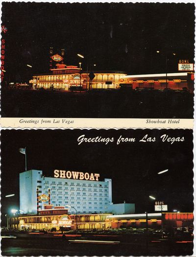 A vintage two-view Showboat postcard showing the resort by night and by day