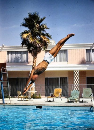 A man in mid swan dive off the diving board above the Showboat pool in 1968, arms spread, with a palm tree and the salmon-pink two-story hotel wing behind him