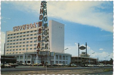 The Showboat in the 1970s with its new 19-story hotel tower, tall vertical roadside sign, and long frontage